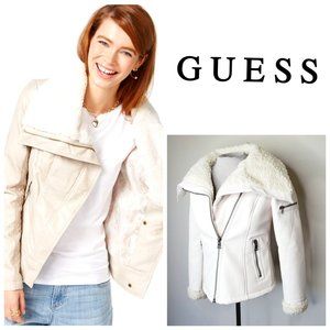 Guess Cream Leather Jacket with Shearling Collar